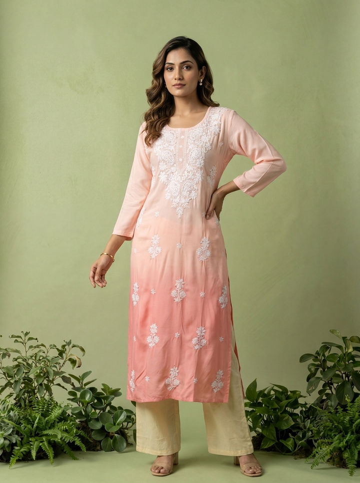 Peach And White Rayon Heavy Floral And Paisley Thread Embroidery Kurta