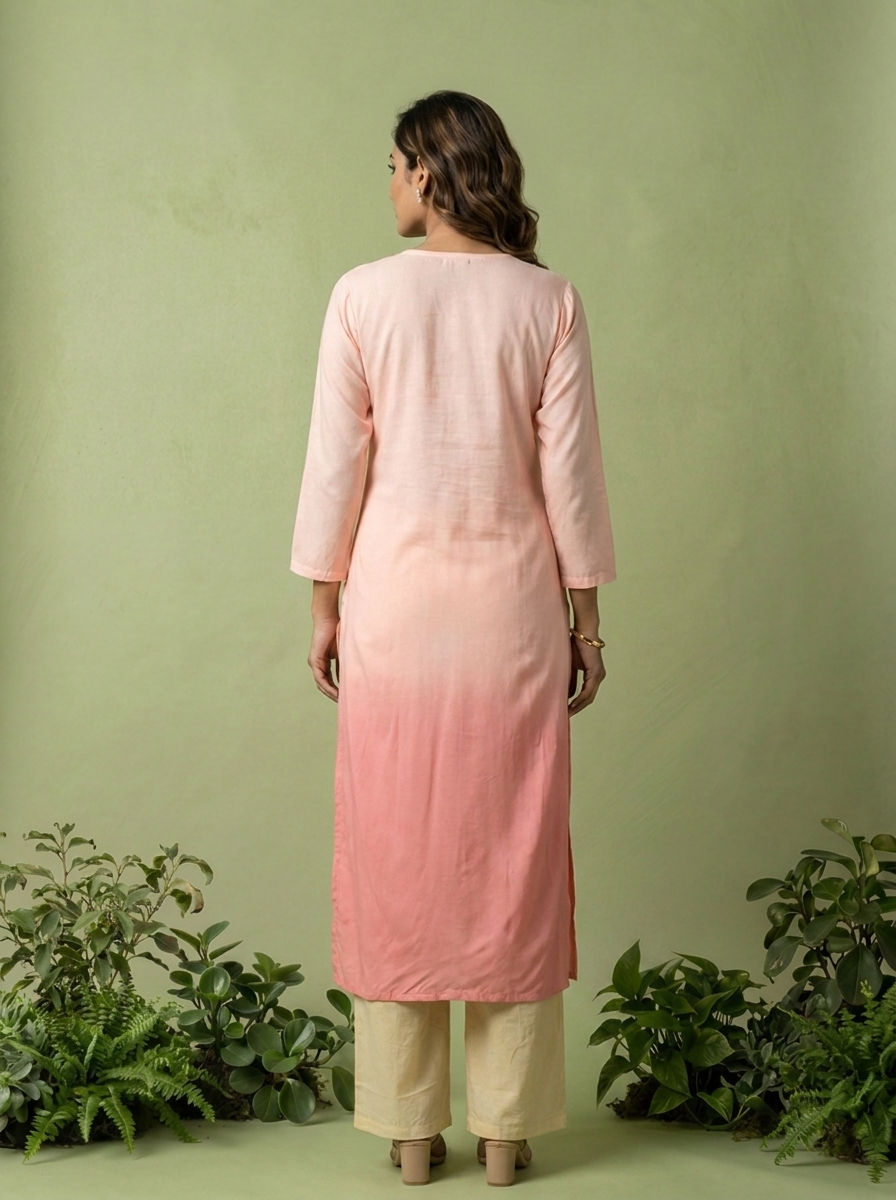 Peach And White Rayon Heavy Floral And Paisley Thread Embroidery Kurta