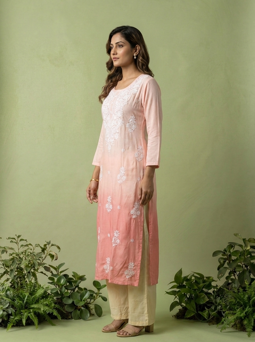 Peach And White Rayon Heavy Floral And Paisley Thread Embroidery Kurta