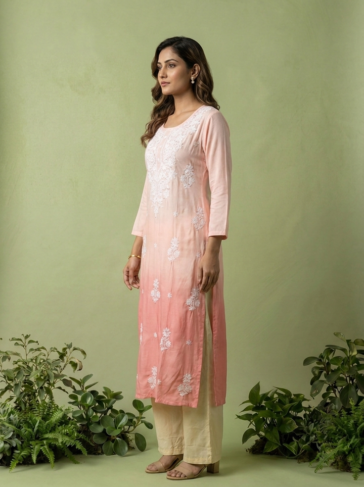 Peach And White Rayon Heavy Floral And Paisley Thread Embroidery Kurta