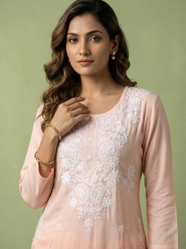 Peach And White Rayon Heavy Floral And Paisley Thread Embroidery Kurta