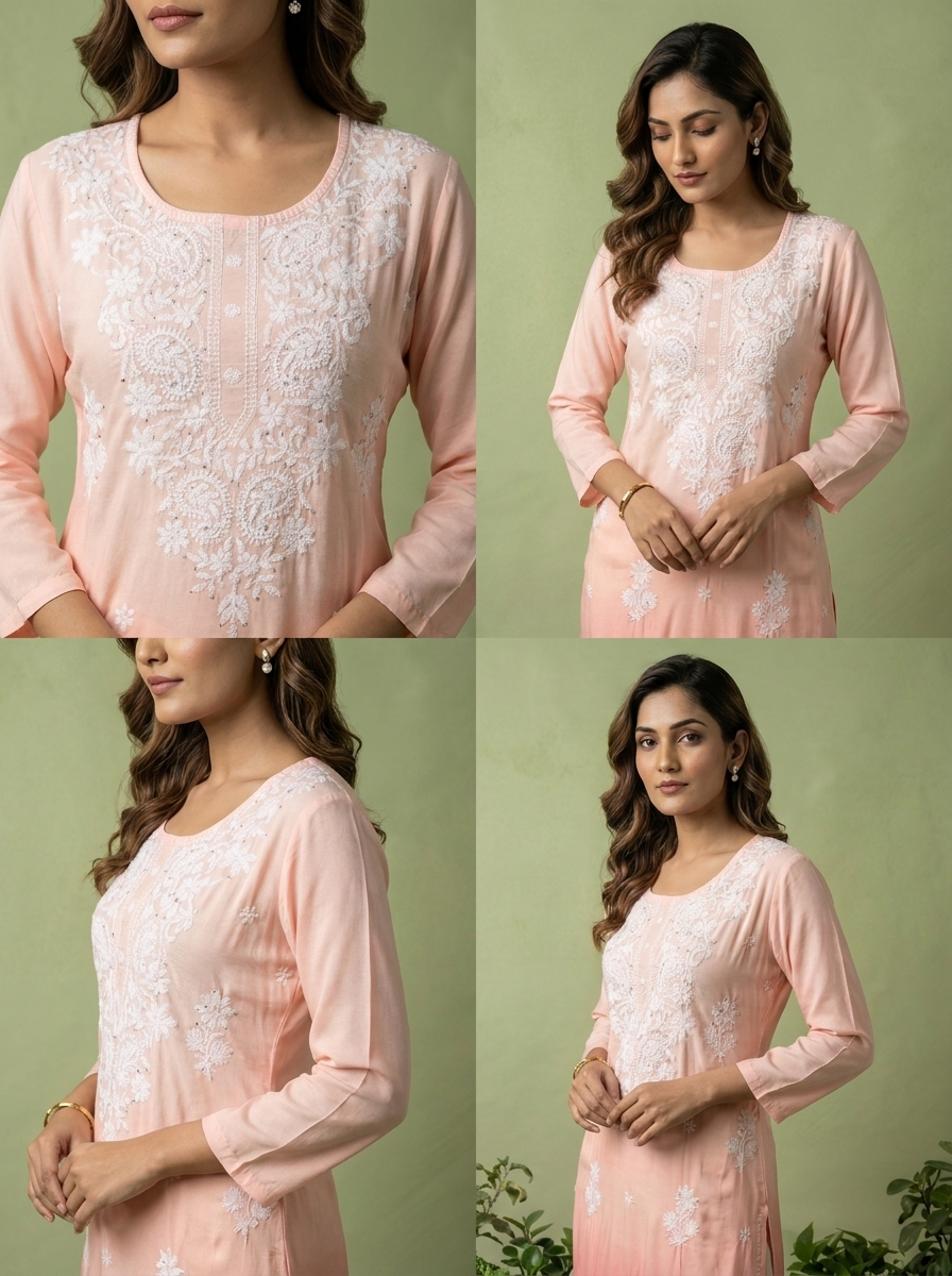 Peach And White Rayon Heavy Floral And Paisley Thread Embroidery Kurta