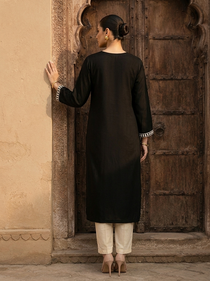 Black Rayon Heavy Floral Thread Embroidery Kurta
