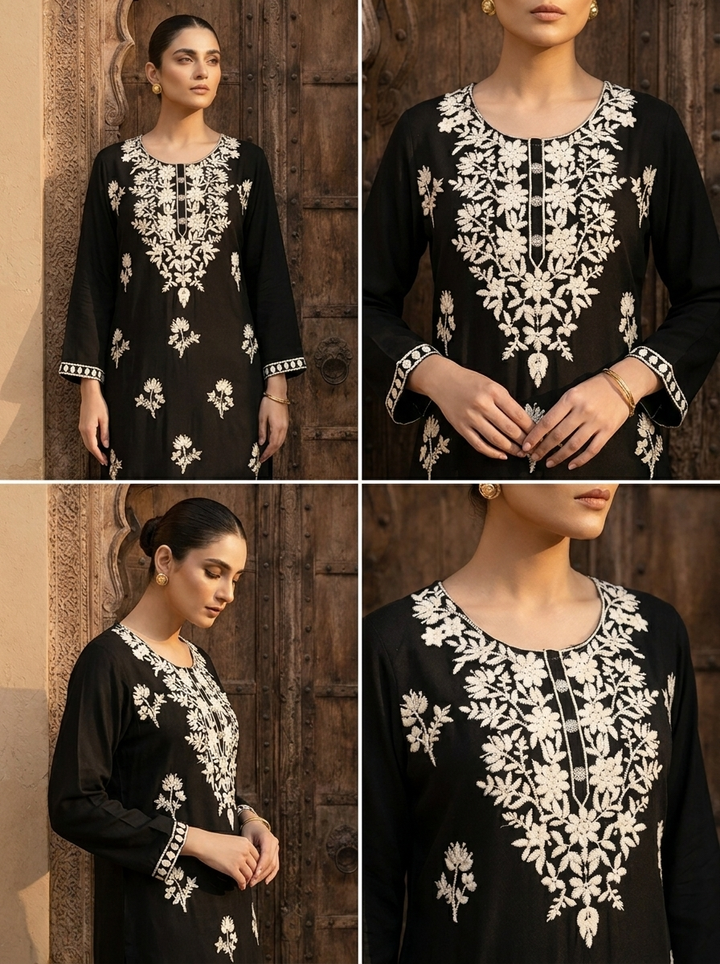 Black Rayon Heavy Floral Thread Embroidery Kurta