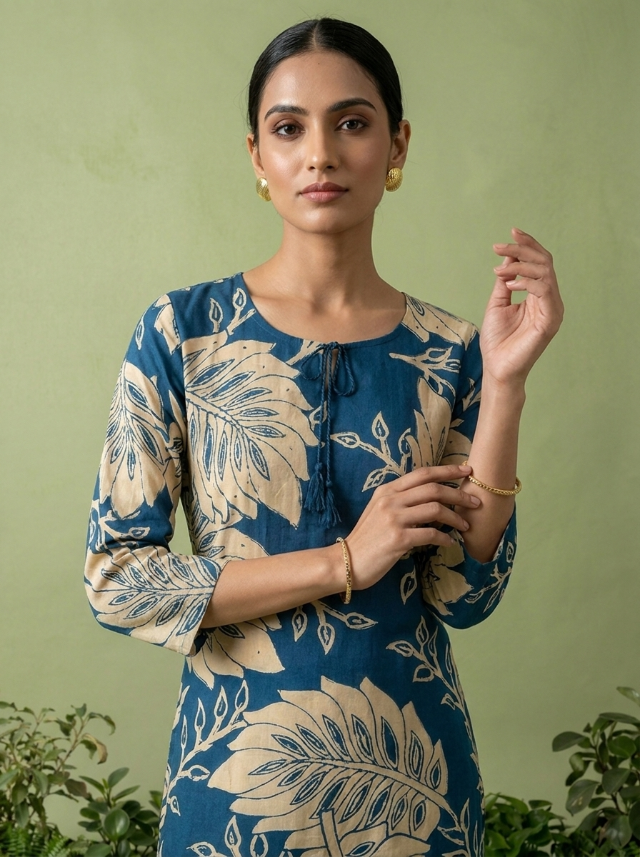 Teal Blue Rayon Floral Printed Kurta