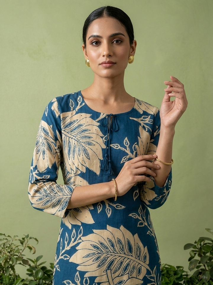 Teal Blue Rayon Floral Printed Kurta