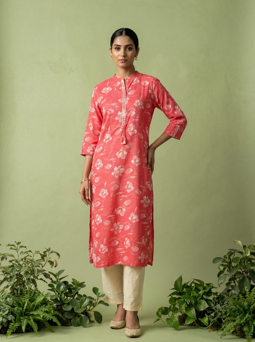 Coral Cotton Patch Embroidered And Printed Kurta