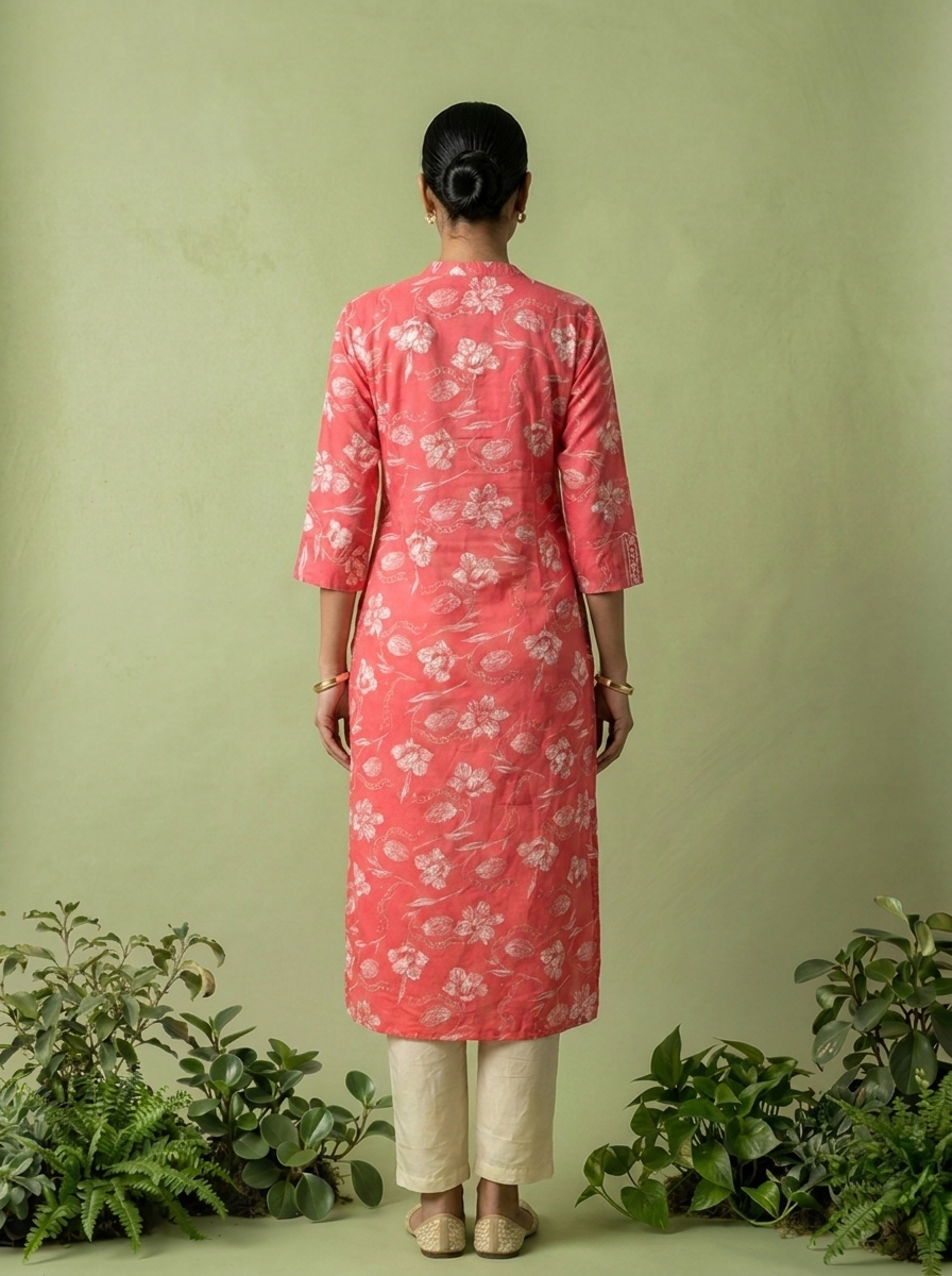 Coral Cotton Patch Embroidered And Printed Kurta