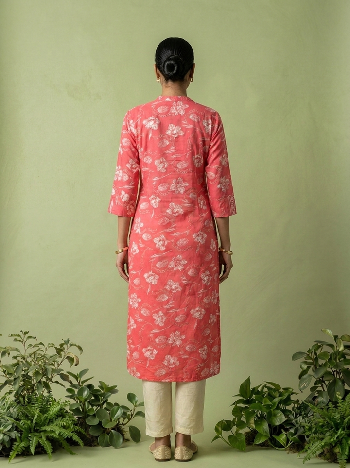 Coral Cotton Patch Embroidered And Printed Kurta