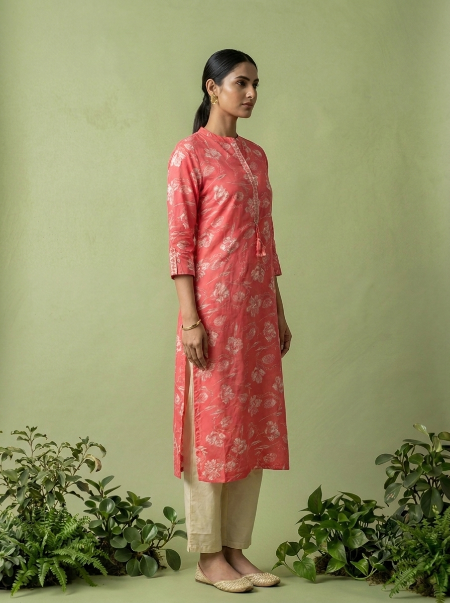 Coral Cotton Patch Embroidered And Printed Kurta