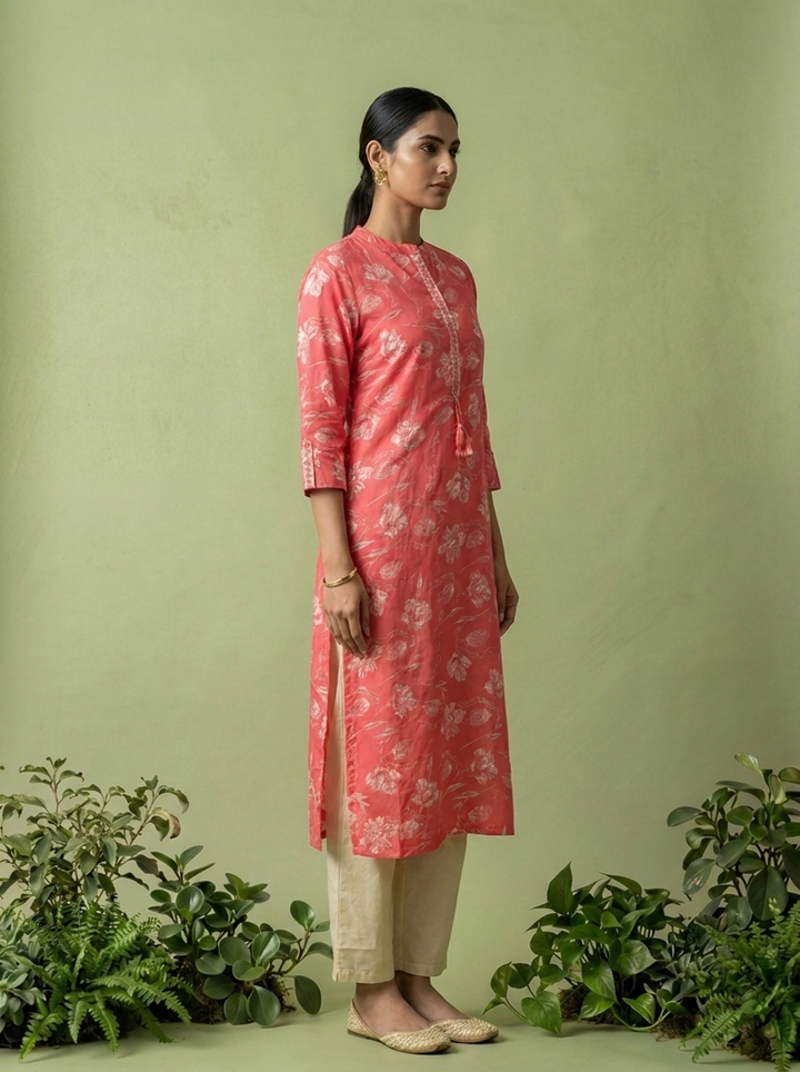 Coral Cotton Patch Embroidered And Printed Kurta