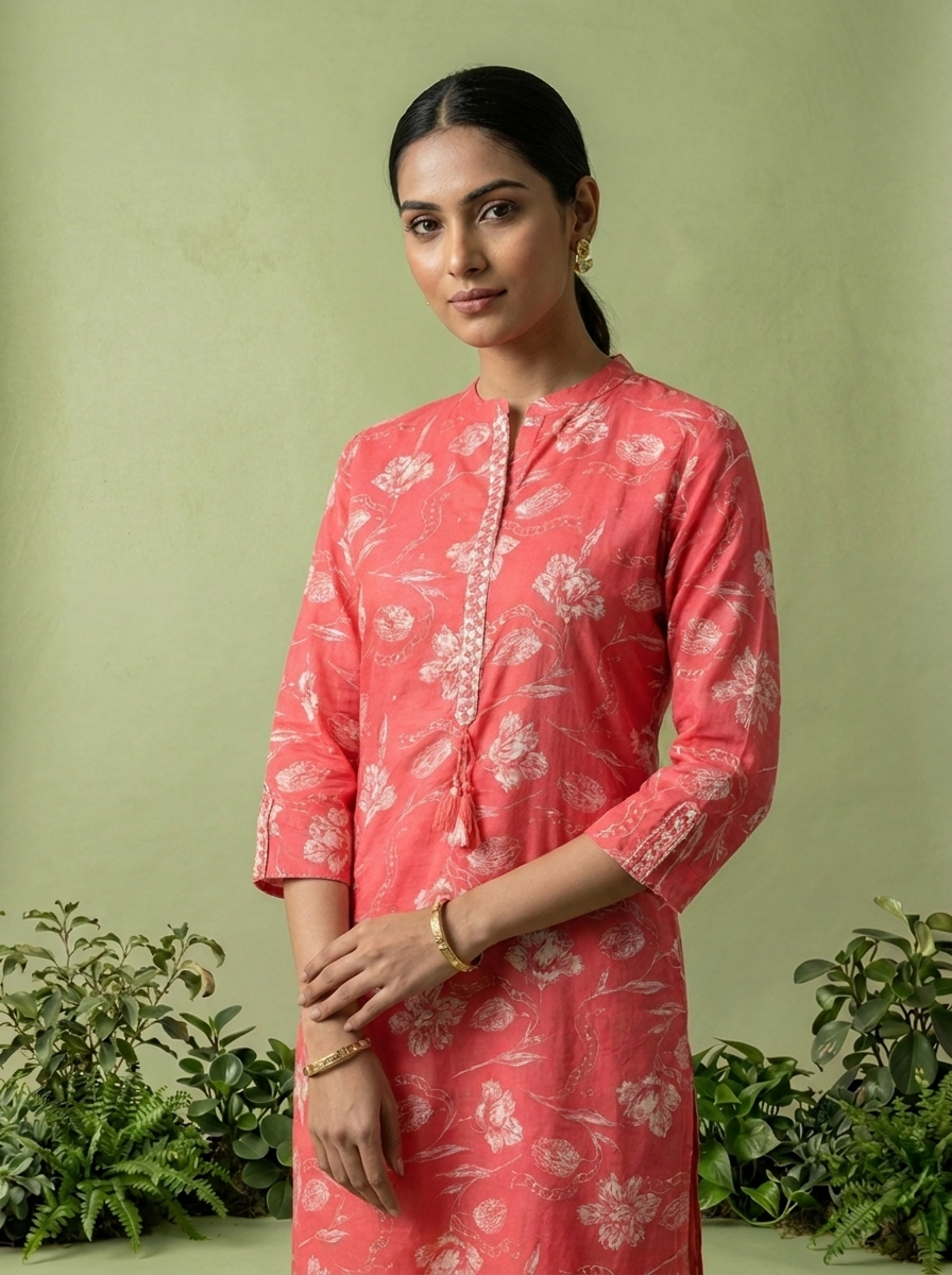 Coral Cotton Patch Embroidered And Printed Kurta