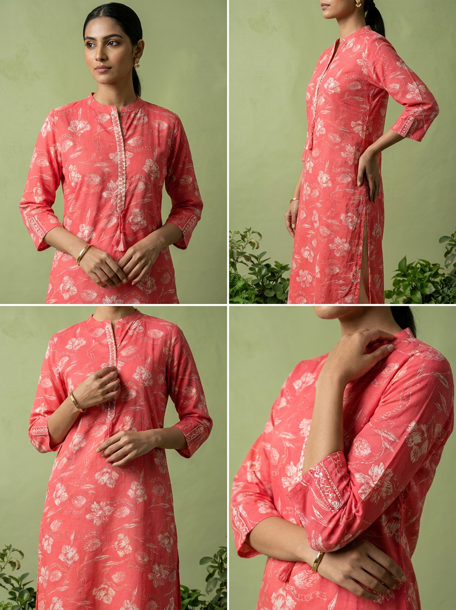 Coral Cotton Patch Embroidered And Printed Kurta