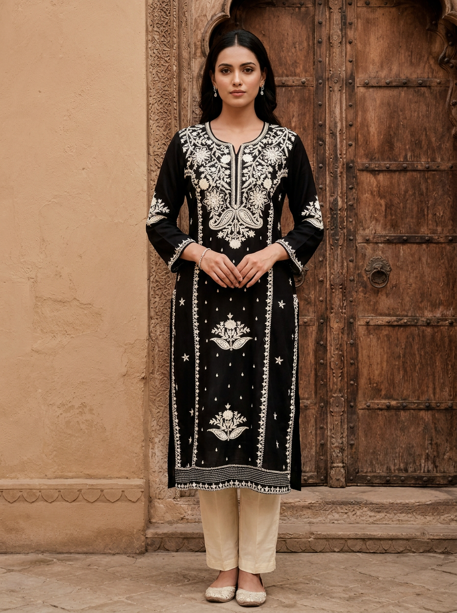 Black Rayon Heavy Floral And Paisley Thread Embroidery Kurta