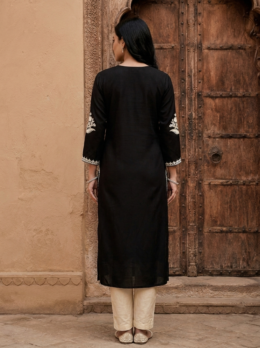Black Rayon Heavy Floral And Paisley Thread Embroidery Kurta