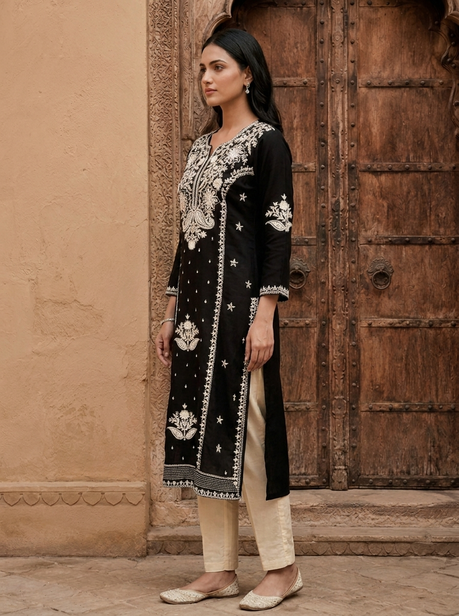 Black Rayon Heavy Floral And Paisley Thread Embroidery Kurta