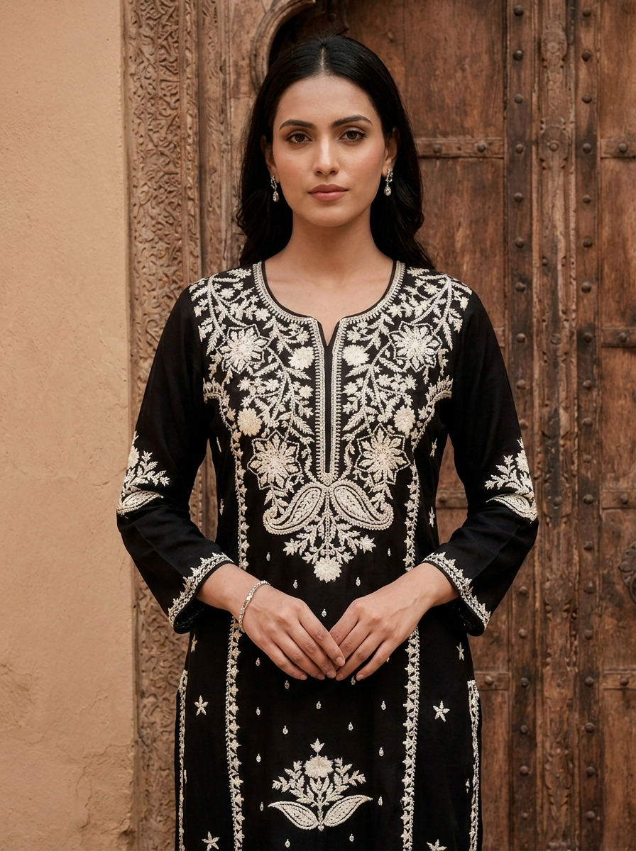 Black Rayon Heavy Floral And Paisley Thread Embroidery Kurta