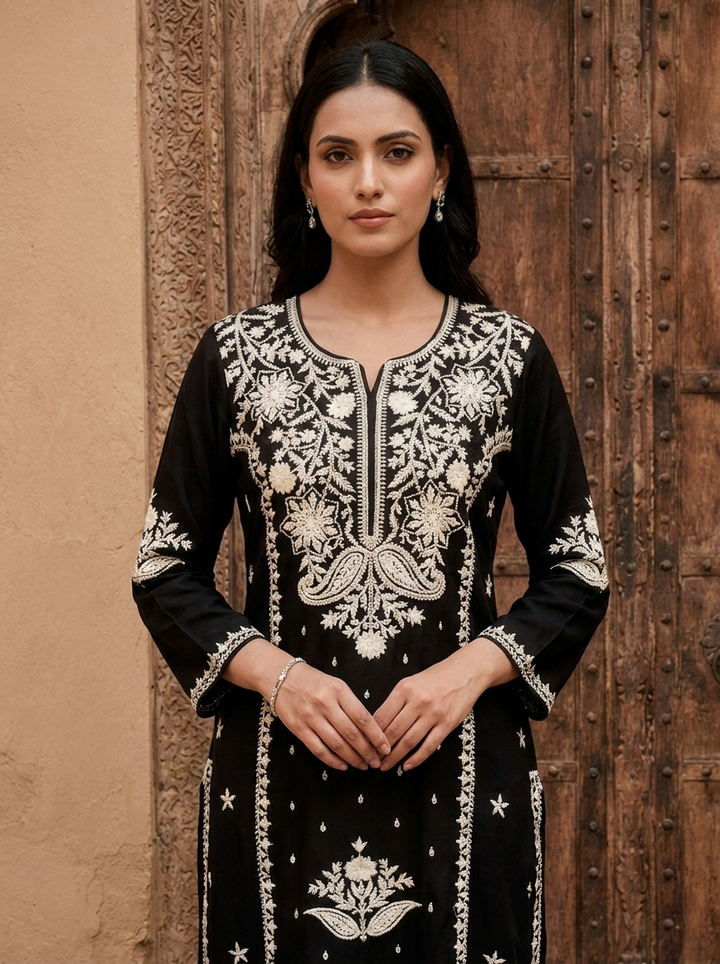 Black Rayon Heavy Floral And Paisley Thread Embroidery Kurta