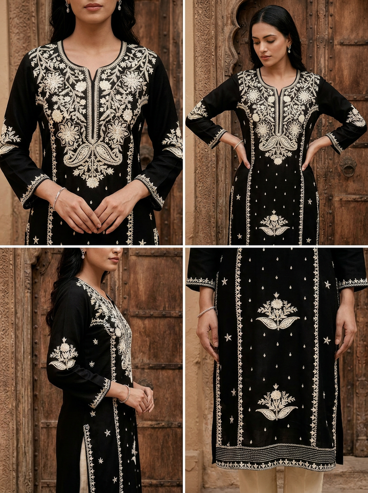 Black Rayon Heavy Floral And Paisley Thread Embroidery Kurta