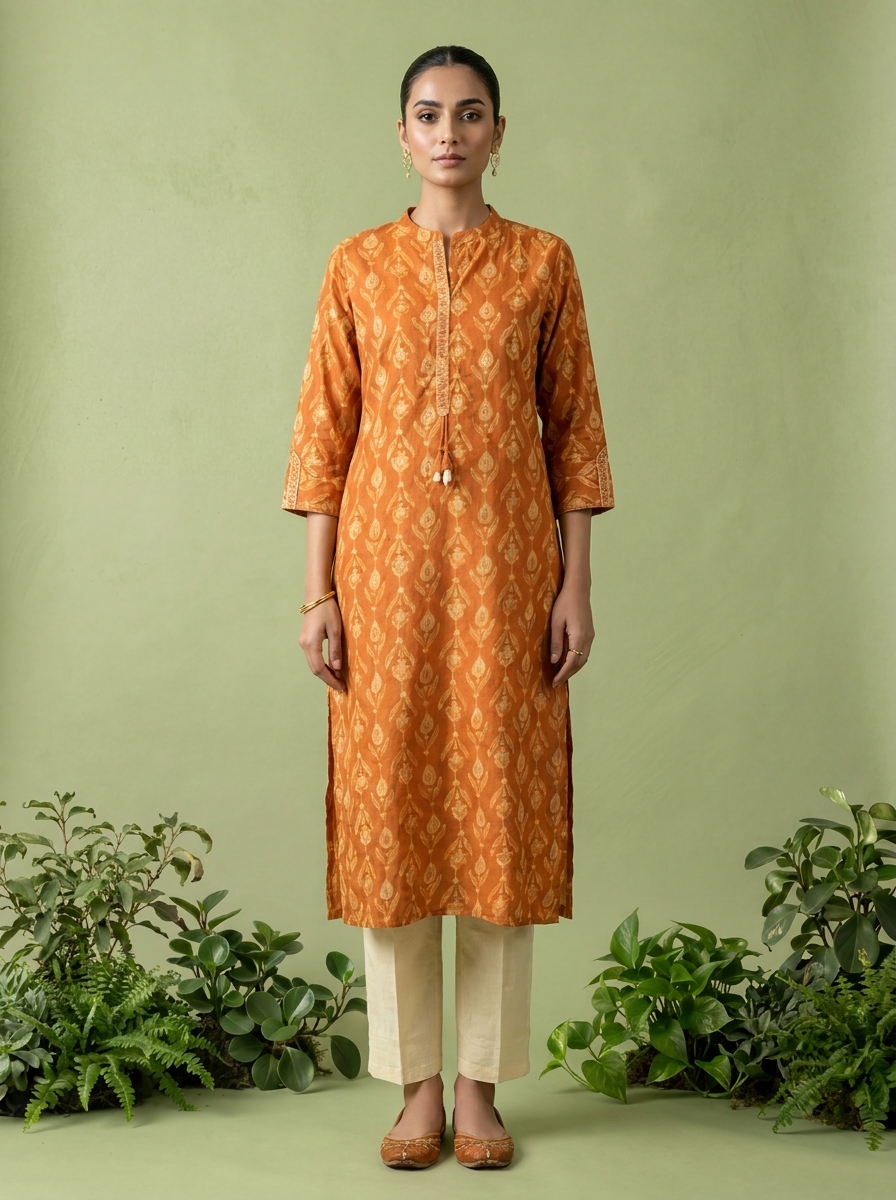 Orange Cotton Patch Embroidered And Printed Kurta