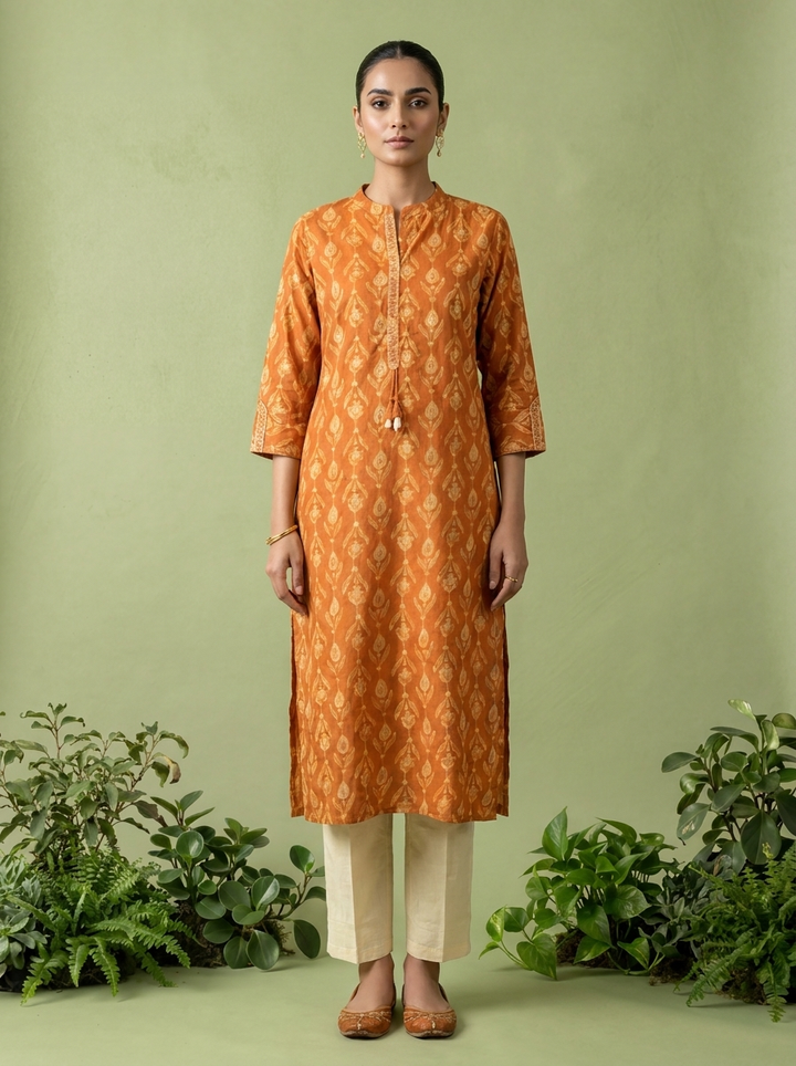 Orange Cotton Patch Embroidered And Printed Kurta