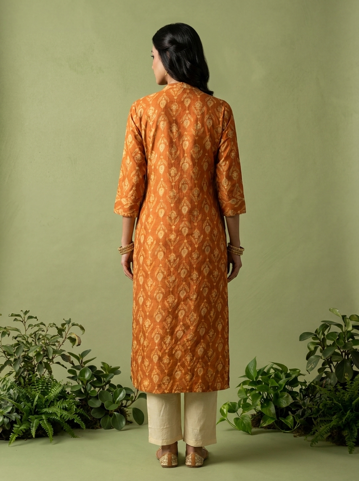 Orange Cotton Patch Embroidered And Printed Kurta