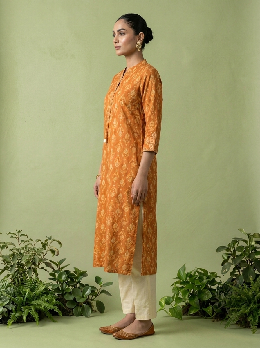 Orange Cotton Patch Embroidered And Printed Kurta