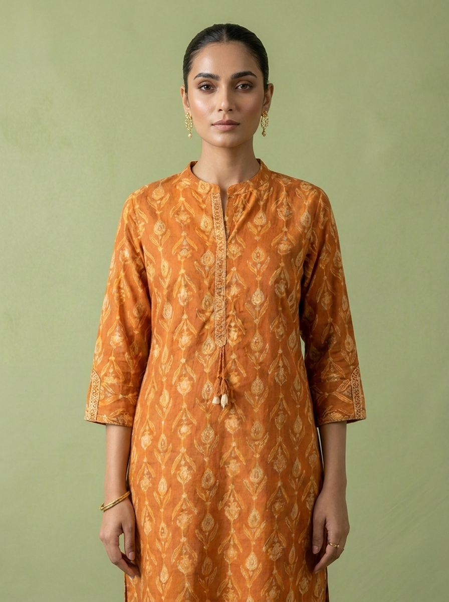 Orange Cotton Patch Embroidered And Printed Kurta