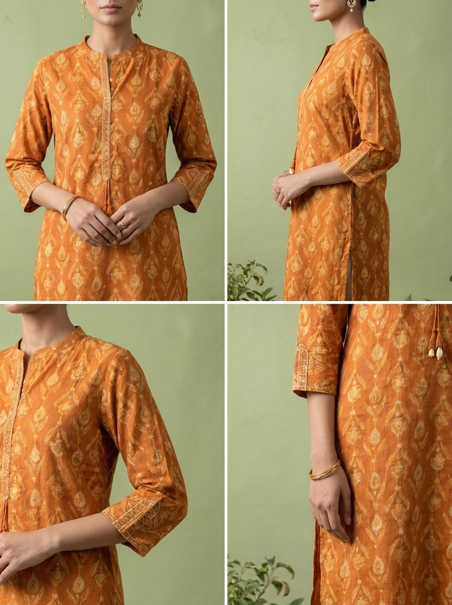 Orange Cotton Patch Embroidered And Printed Kurta