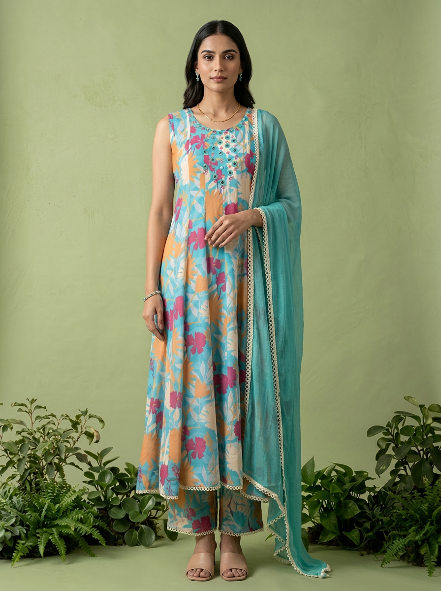 Ferozi Georgette Floral Printed And Mirror Embroidered Three Piece Set