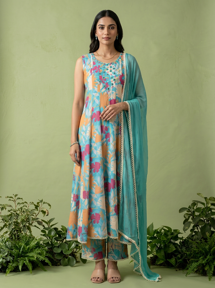 Ferozi Georgette Floral Printed And Mirror Embroidered Three Piece Set