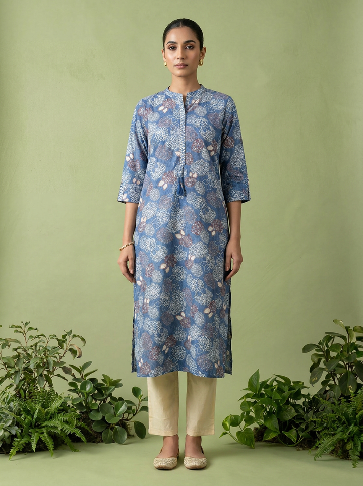 Blue Cotton Patch Embroidered And Printed Kurta