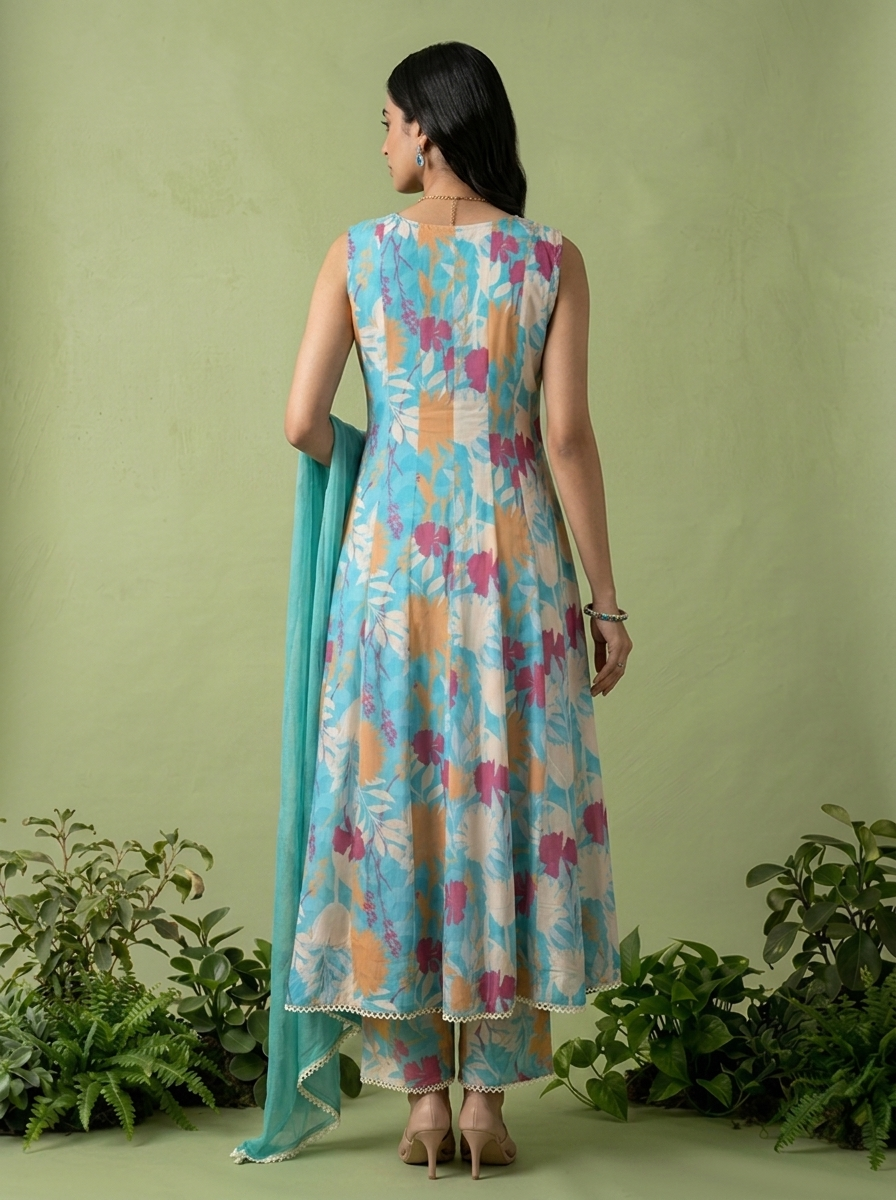 Ferozi Georgette Floral Printed And Mirror Embroidered Three Piece Set