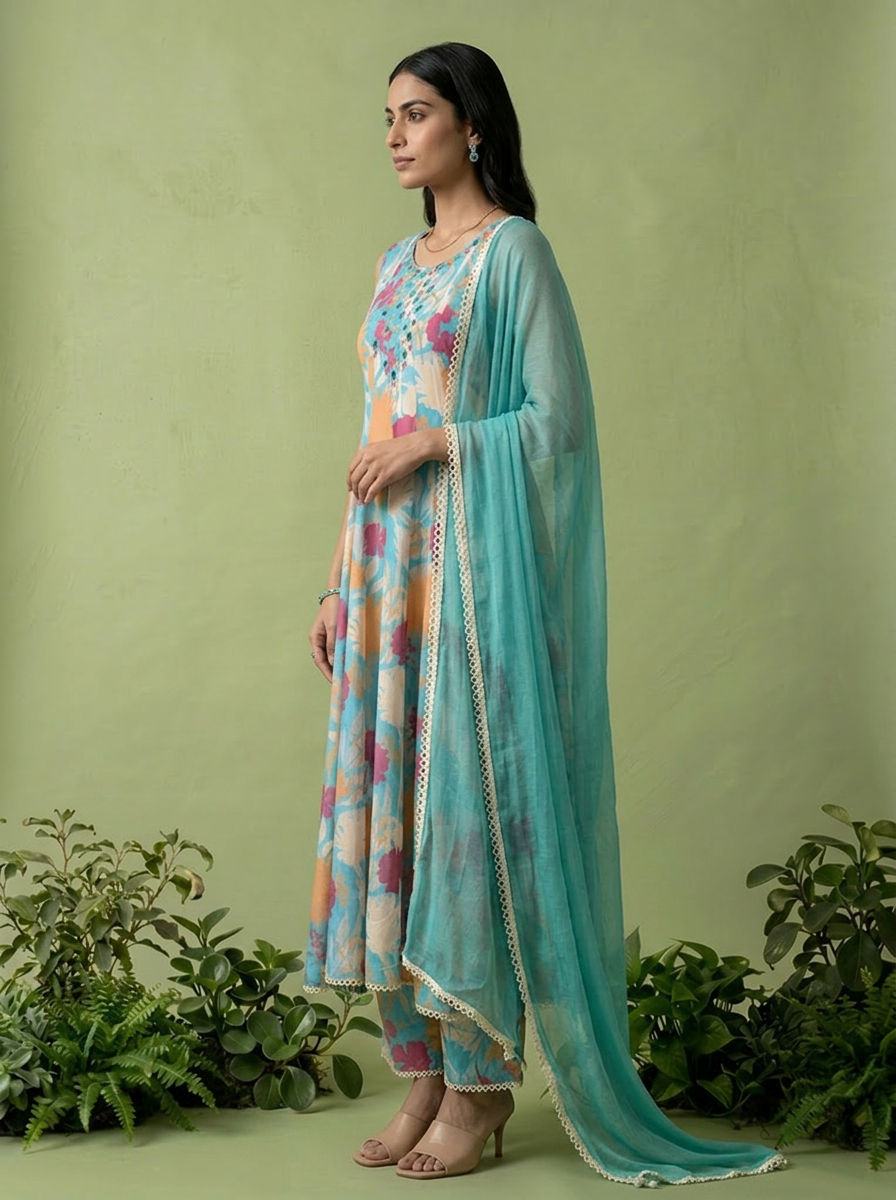 Ferozi Georgette Floral Printed And Mirror Embroidered Three Piece Set