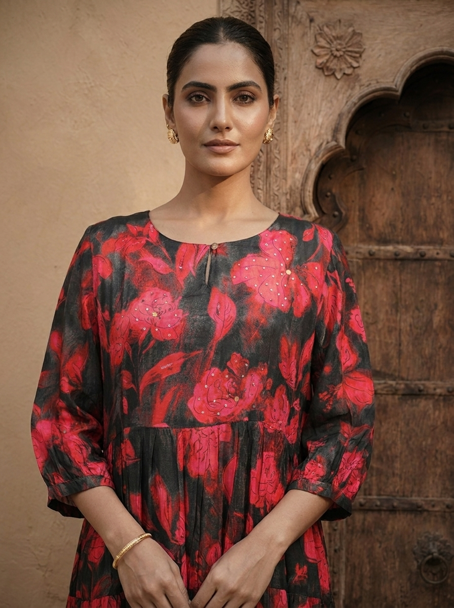 Black And Red Crepe Floral Printed Long Dress