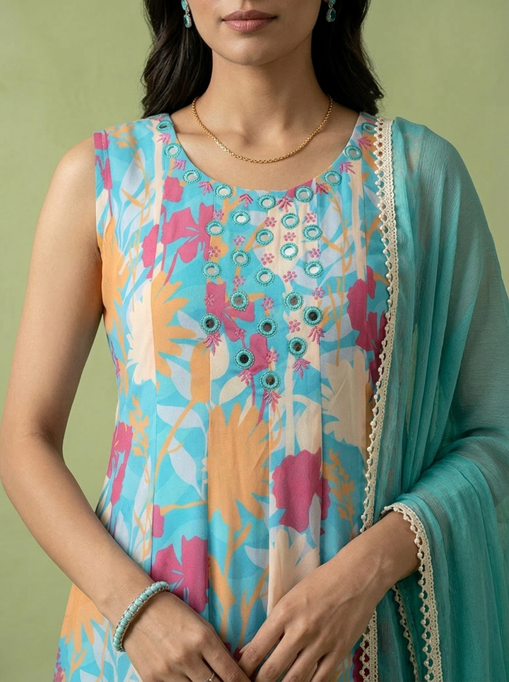 Ferozi Georgette Floral Printed And Mirror Embroidered Three Piece Set