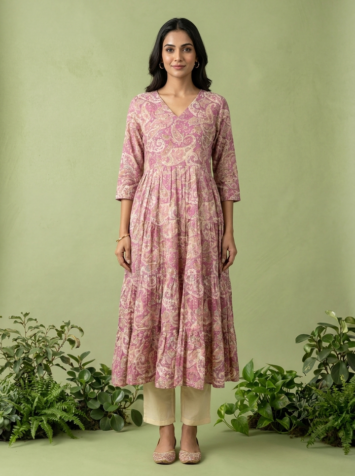 Purple Muslin Paisley Printed Dress