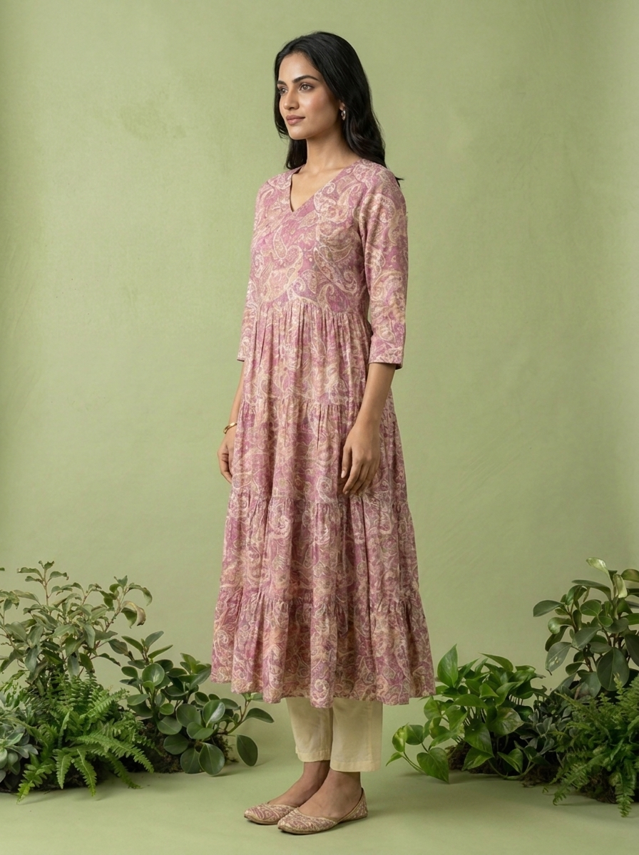 Purple Muslin Paisley Printed Dress