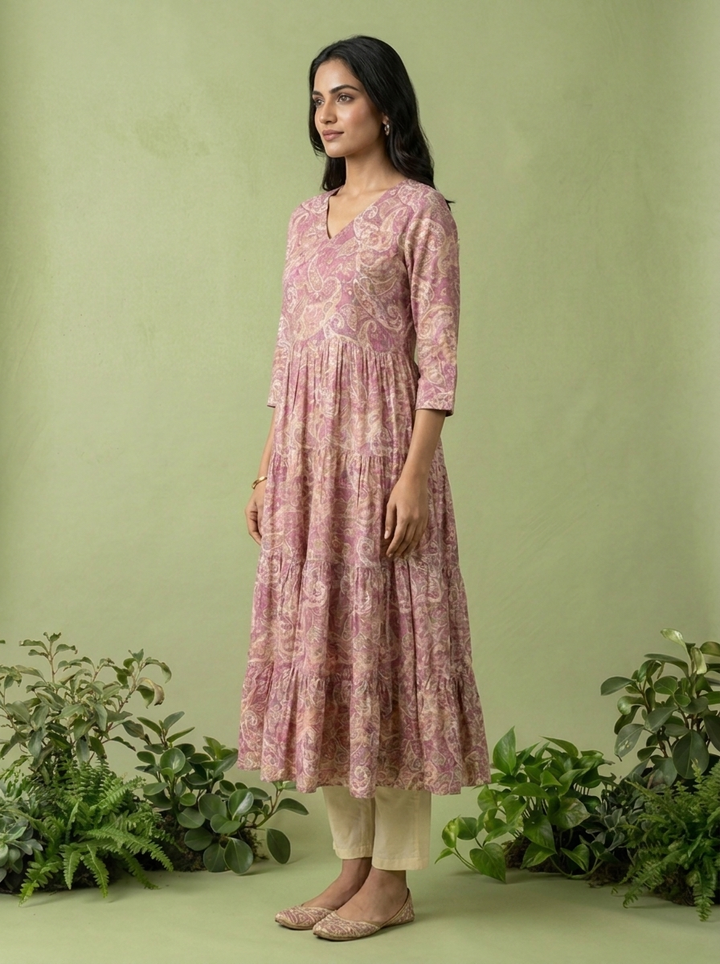 Purple Muslin Paisley Printed Dress