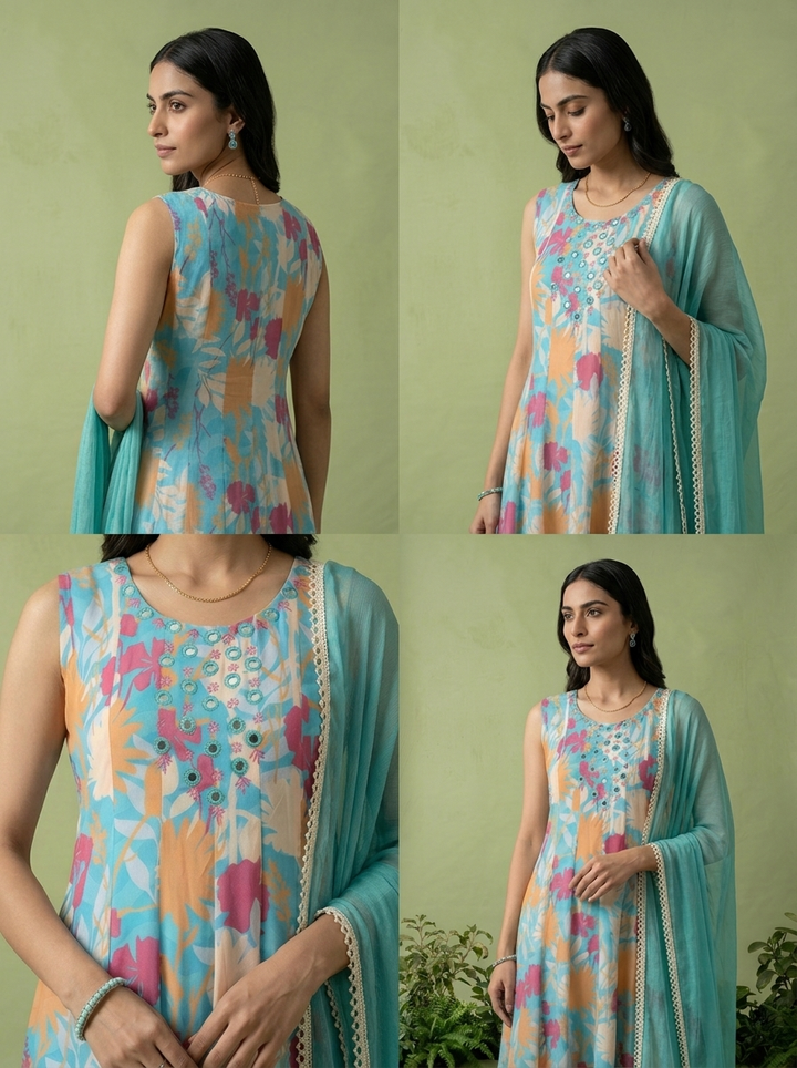Ferozi Georgette Floral Printed And Mirror Embroidered Three Piece Set