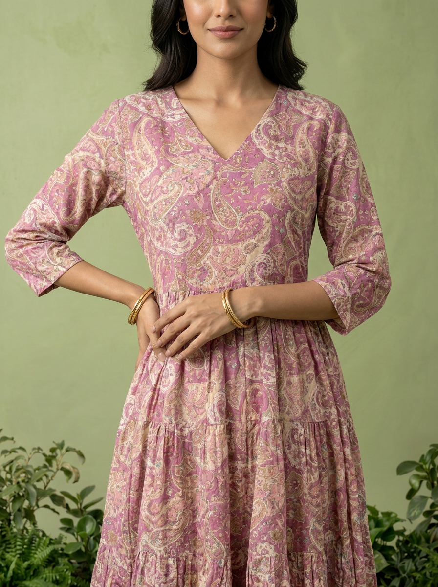 Purple Muslin Paisley Printed Dress