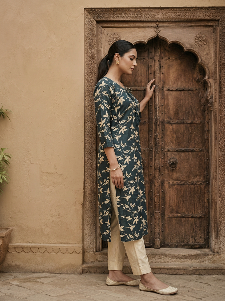 Teal Santoon Floral Printed Kurta