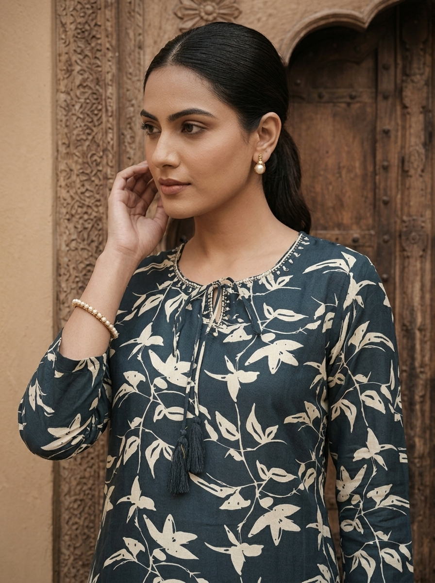 Teal Santoon Floral Printed Kurta