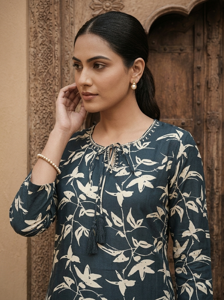 Teal Santoon Floral Printed Kurta