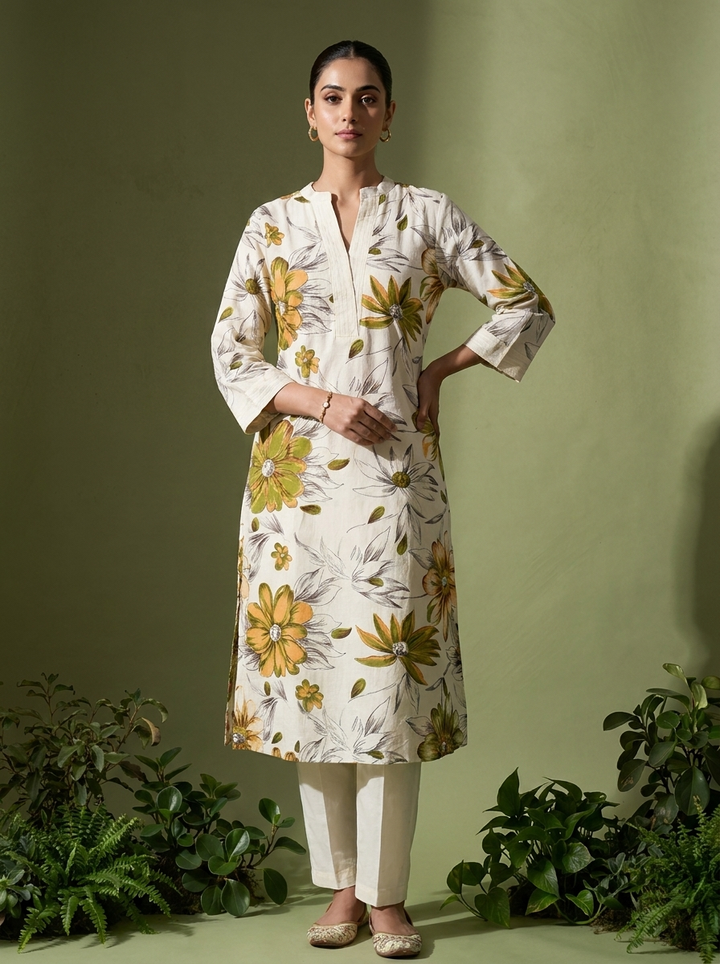 Off White Linen Floral Printed Two Piece Set
