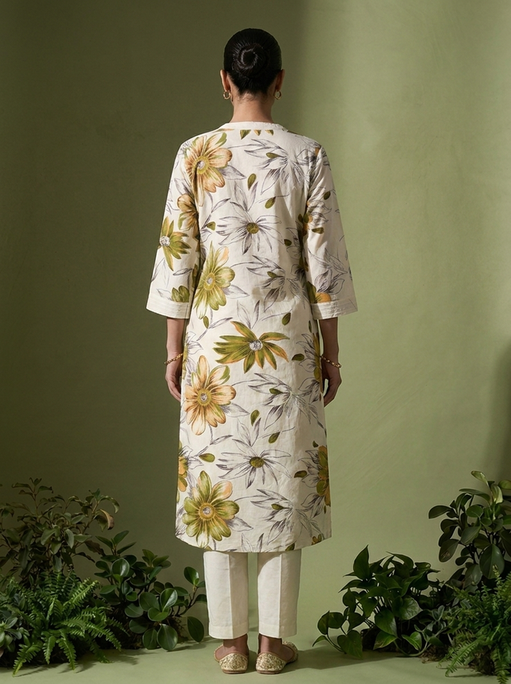 Off White Linen Floral Printed Two Piece Set