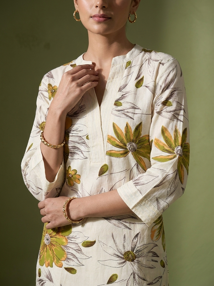 Off White Linen Floral Printed Two Piece Set