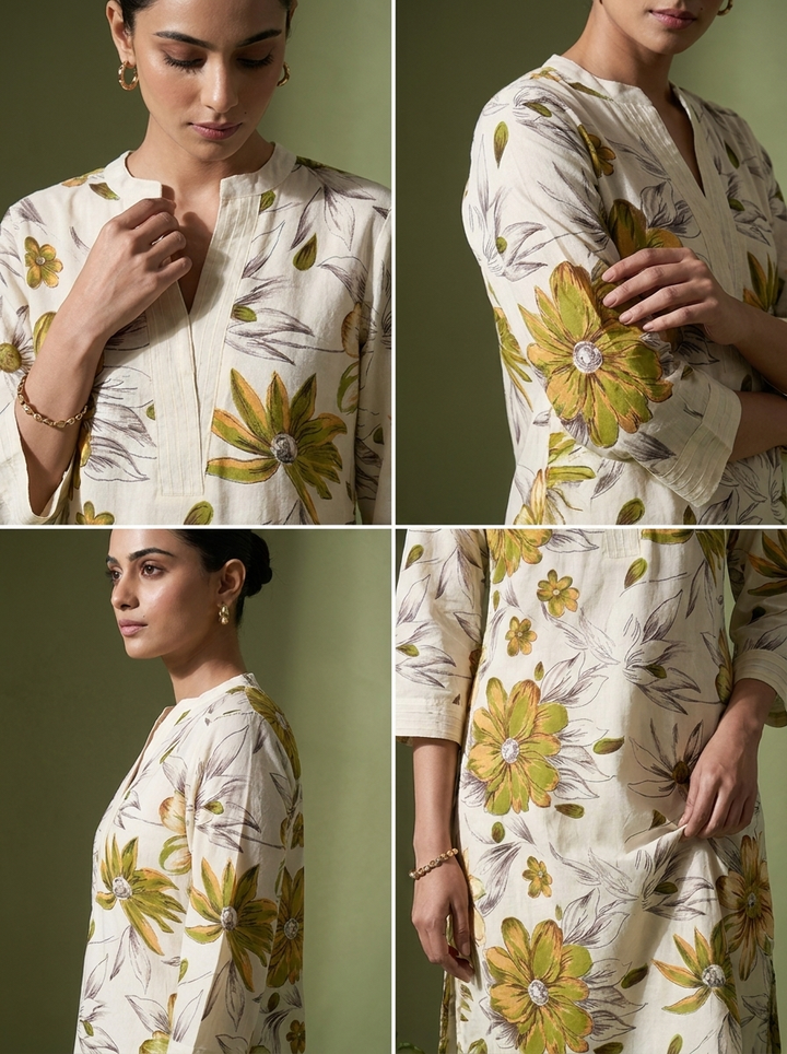 Off White Linen Floral Printed Two Piece Set