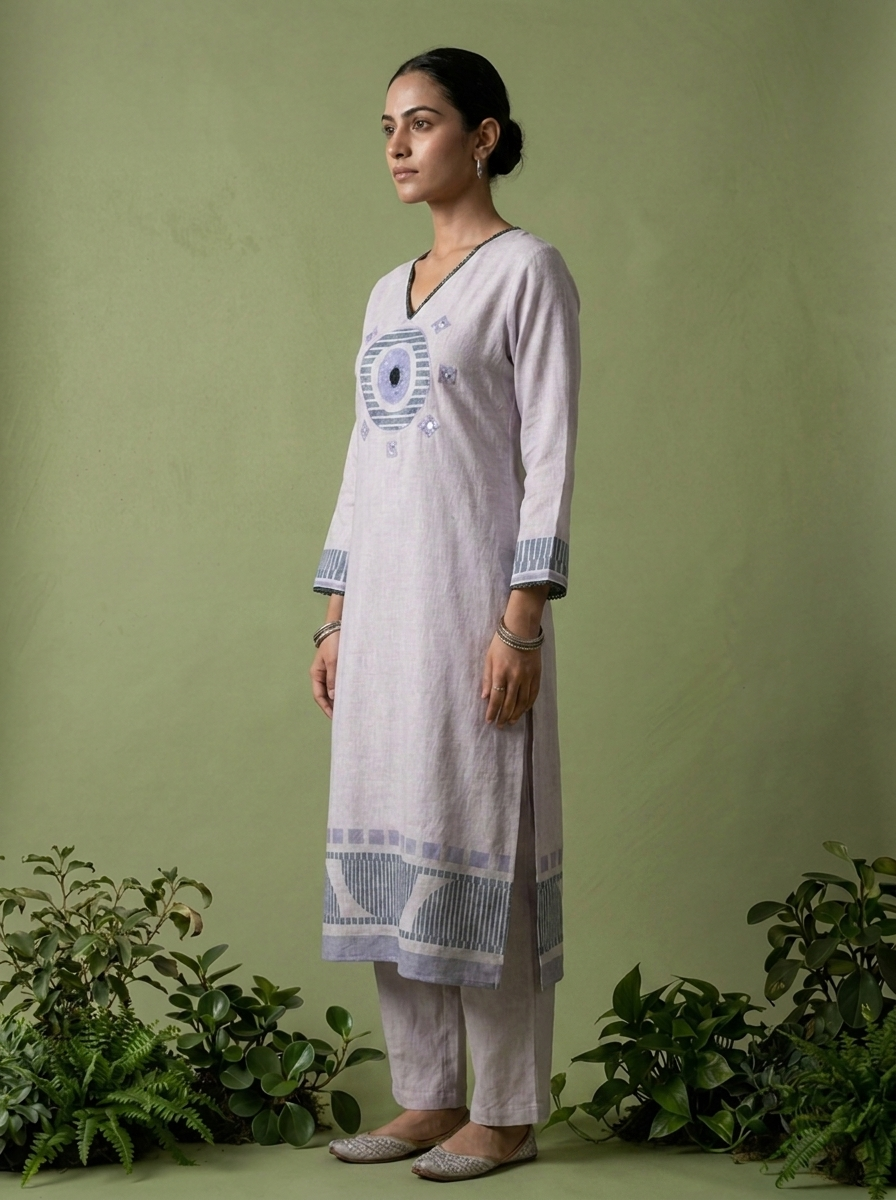 Lavender Linen Mirror Embroidered Two Piece Set