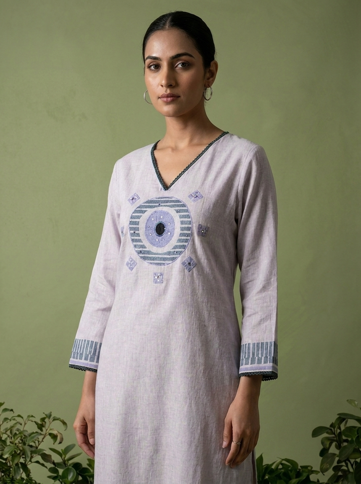 Lavender Linen Mirror Embroidered Two Piece Set